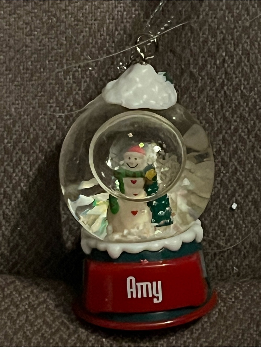 Personalized Amy Red Snow Globe Ornament with Snowman